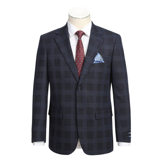 The Renoir Alessandro Vitello New Slim Fit Wool Navy Blazer 565-19 is shown on a mannequin with a white dress shirt, red polka dot tie, and blue pocket square.