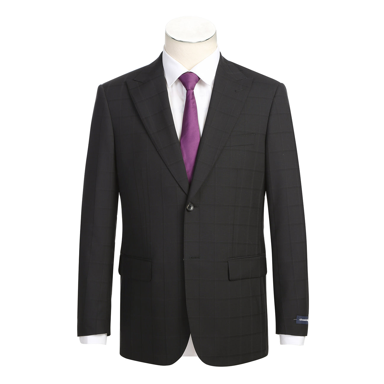 The Renoir Alessandro Vitello New Slim Fit Wool Black Suit 566-15 features a modern black checkered design, displayed on a mannequin with a white dress shirt and purple tie, blending classic style with contemporary fit.
