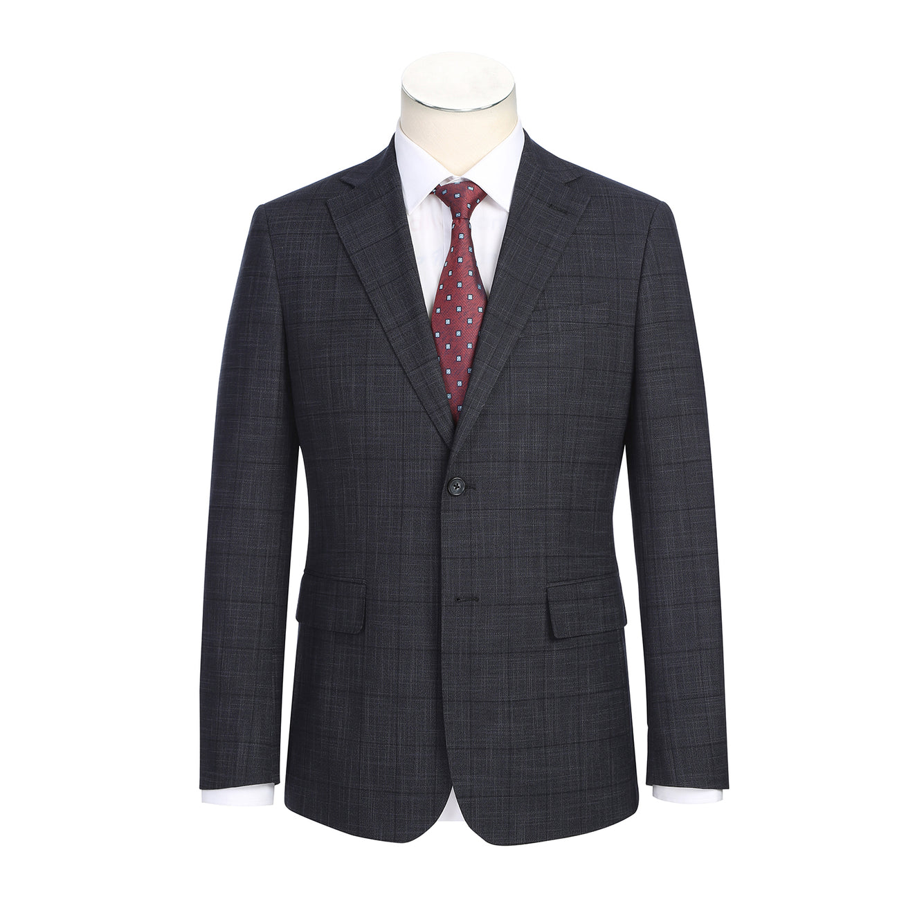 The ENGLISH LAUNDRY Dark Gray Check Suit 22-53-095EL by English Laundry features a slim fit jacket with notch lapels, shown over a white dress shirt and red polka dot tie on a mannequin.