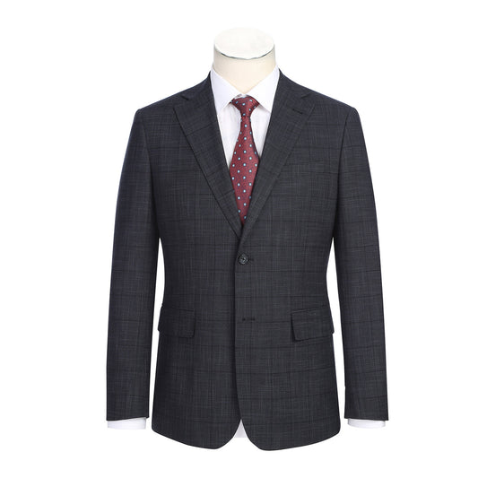The ENGLISH LAUNDRY Dark Gray Check Suit 22-53-095EL by English Laundry features a slim fit jacket with notch lapels, shown over a white dress shirt and red polka dot tie on a mannequin.
