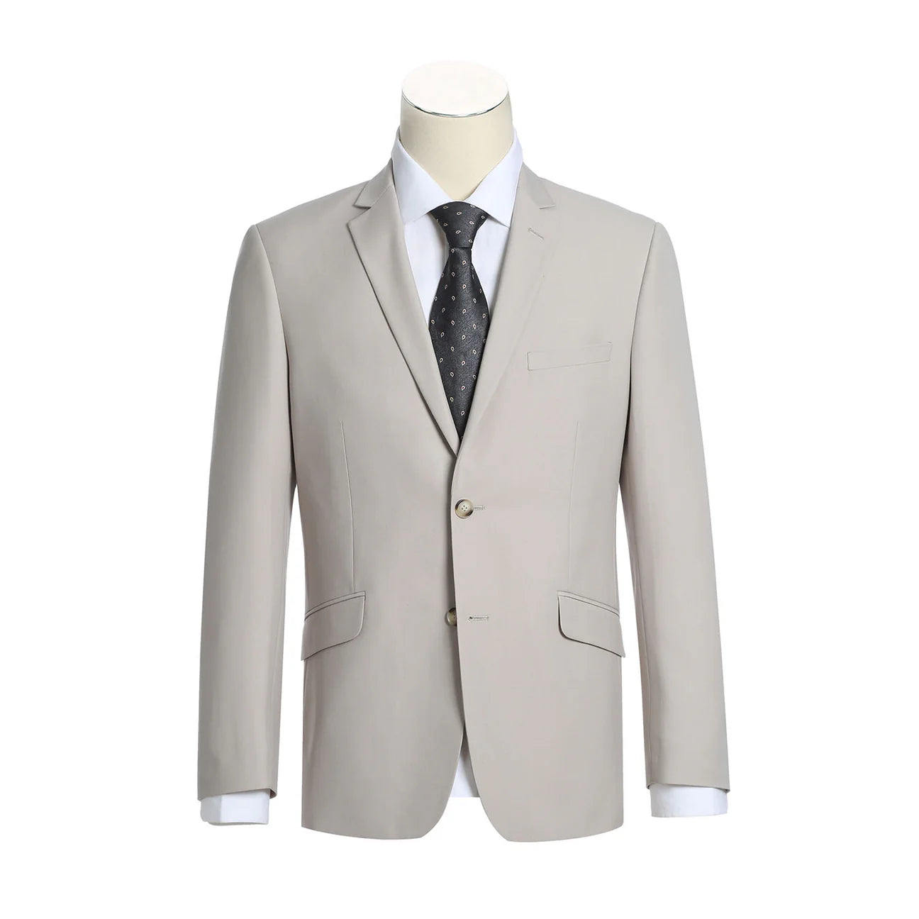 An Alessandro Vitello by Renoir beige slim fit two-piece single-breasted notch lapel suit jacket, featuring two buttons, is styled on a mannequin over a white shirt with a black polka-dot tie.