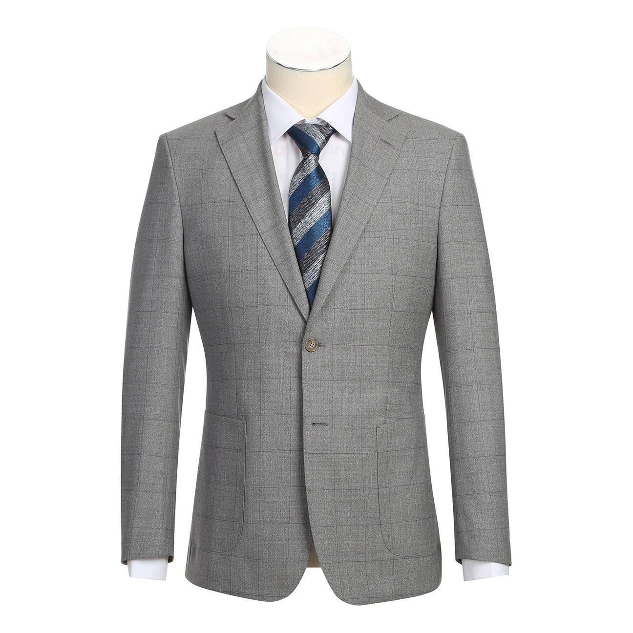 The ENGLISH LAUNDRY Stone Grey Wool Suit EL92-50-600 by English Laundry is showcased on a mannequin, styled with a white dress shirt and blue striped tie.