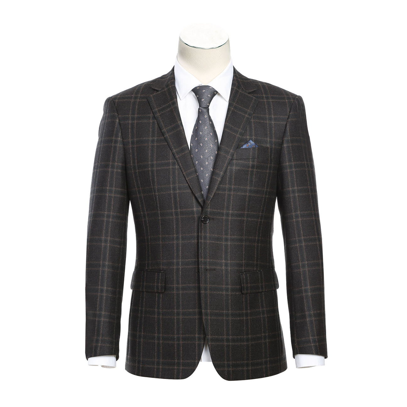 The mannequin wears a Renoir Alessandro Vitello New Slim Fit Wool Checked Dimgray Blazer 563-11, styled with a white dress shirt, patterned tie, and blue pocket square.