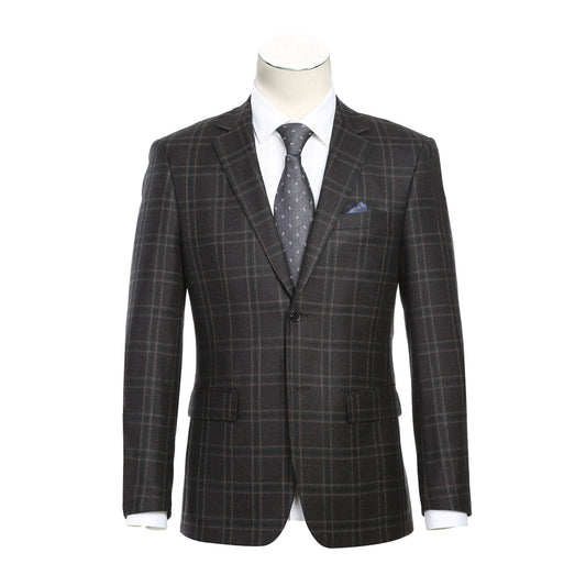 The mannequin wears a Renoir Alessandro Vitello New Slim Fit Wool Checked Dimgray Blazer 563-11, styled with a white dress shirt, patterned tie, and blue pocket square.