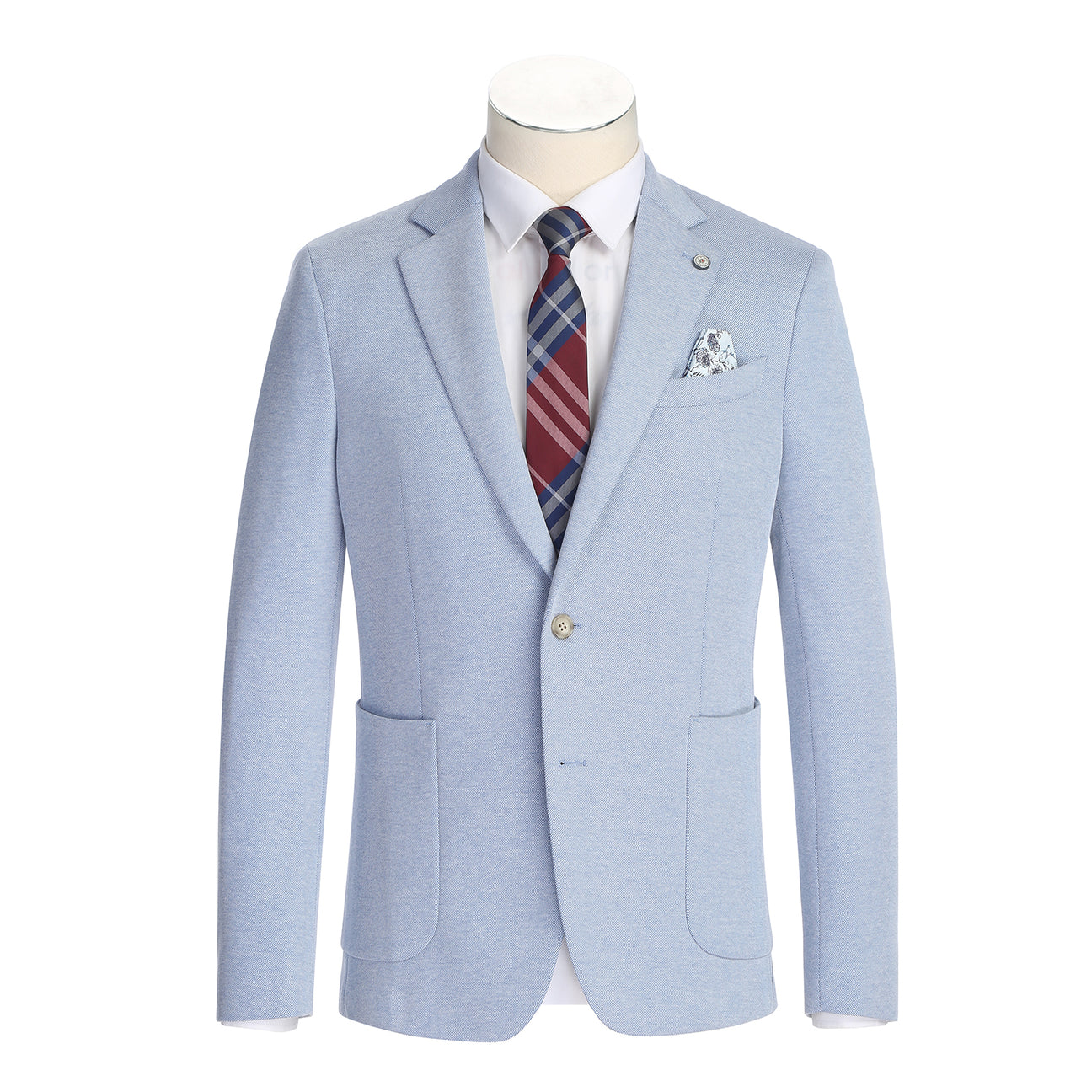 The Pellagio Light Blue Men's Slim Fit Riserva Jacket PS26-4 is shown on a mannequin, styled with a white shirt, multicolored plaid tie, and patterned pocket square for a modern Pellagio look.