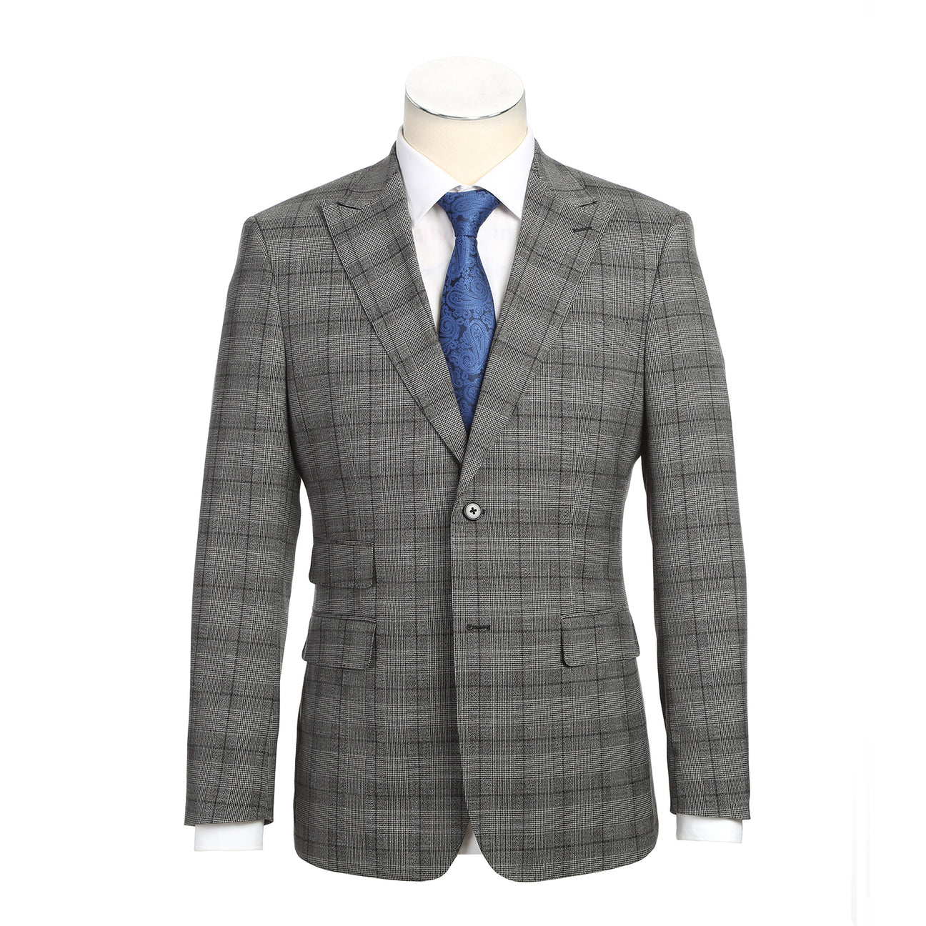 The ENGLISH LAUNDRY Gray Check Suit 22-60-002EL by English Laundry is displayed on a mannequin with a two-button closure, paired with a white dress shirt and a subtly patterned blue tie.