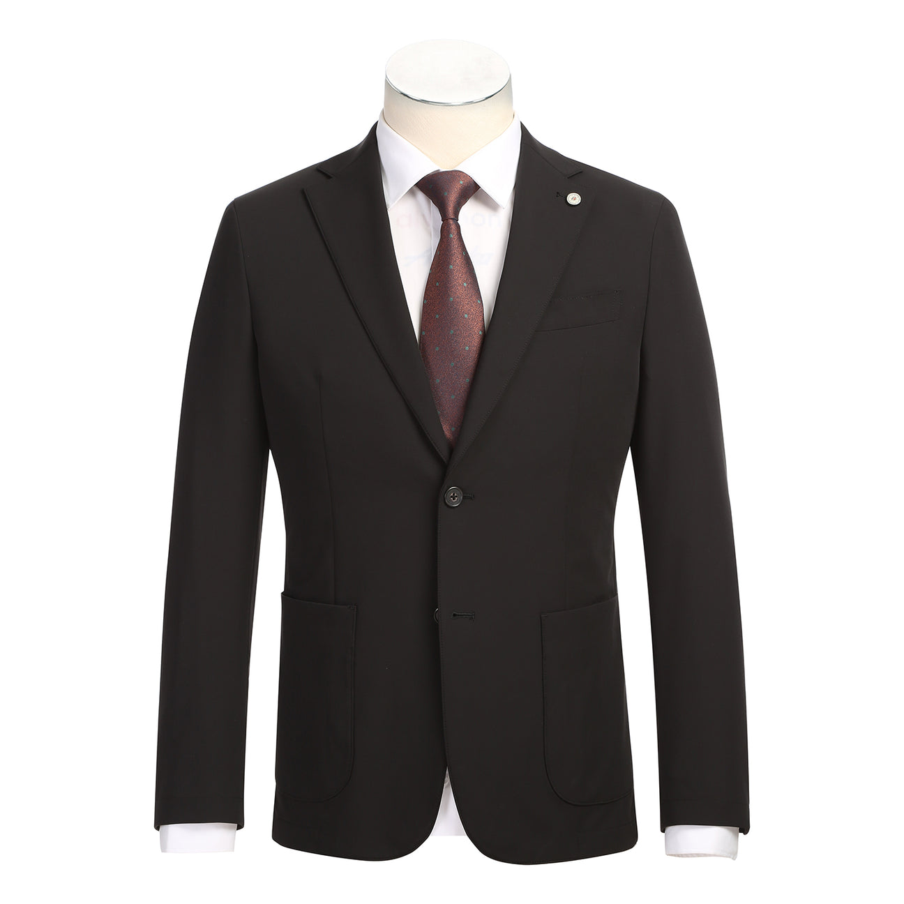 The Pellagio Men's Half Canvas Suit Black PS25-16, a slim fit single-breasted jacket with notch lapels, is shown over a white shirt and maroon patterned tie on a mannequin against a white background.