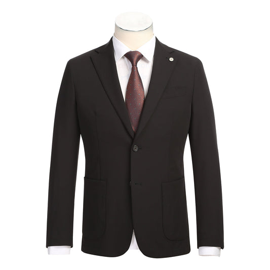 The Pellagio Men's Half Canvas Suit Black PS25-16, a slim fit single-breasted jacket with notch lapels, is shown over a white shirt and maroon patterned tie on a mannequin against a white background.