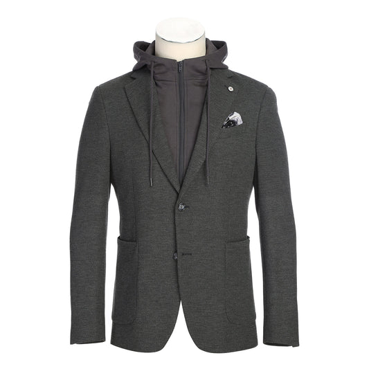The Pellagio Removable Bib/Hoodie JKT PF25-12 is a dark grey tailored jacket by Pellagio, featuring a detachable hoodie, polyester-rayon-spandex blend, button accents, an inner pocket with a patterned handkerchief, and fabric swatches.