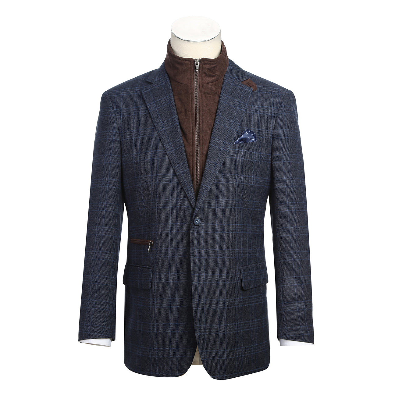 The Alessandro Vitello by Renoir Classic Fit Bib Blue Blazer 294-34, featuring a notch lapel and plaid pattern, is styled with pockets, a patterned pocket square, and worn over a brown zip-up vest.