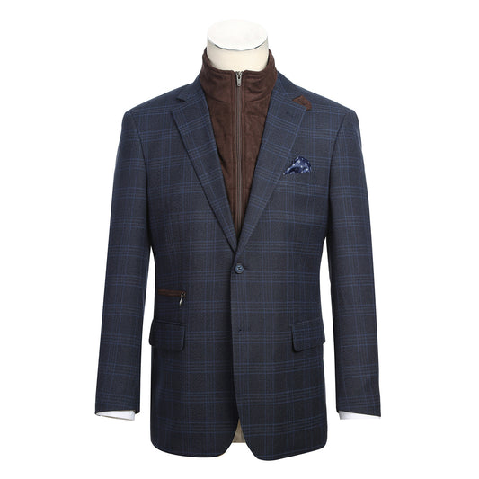 The Alessandro Vitello by Renoir Classic Fit Bib Blue Blazer 294-34, featuring a notch lapel and plaid pattern, is styled with pockets, a patterned pocket square, and worn over a brown zip-up vest.