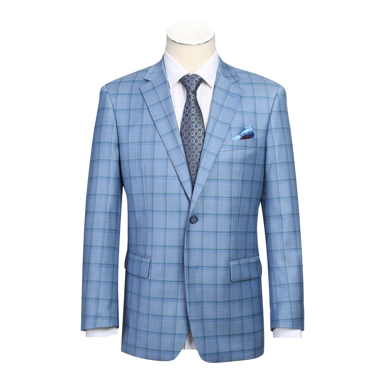 The Alessandro Vitello by Renoir Classic Fit Wool Blazer in Blue 565-1 is paired with a crisp white shirt, patterned blue tie, and folded pocket square, shown against a plain white background.