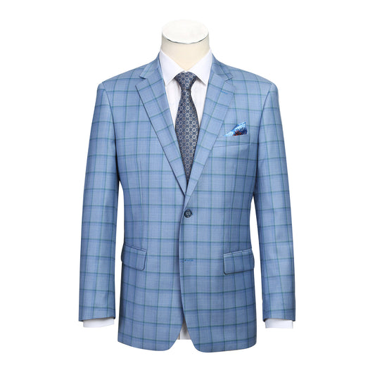 The Alessandro Vitello by Renoir Classic Fit Wool Blazer in Blue 565-1 is paired with a crisp white shirt, patterned blue tie, and folded pocket square, shown against a plain white background.