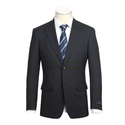 The Alessandro Vitello ALESSANDRO VITELLO New Slim Fit Wool 566-8 Suit features a navy check single-breasted jacket on a mannequin, paired with a white shirt and blue striped tie. Made from 100% wool, it offers stylish comfort for formal occasions.