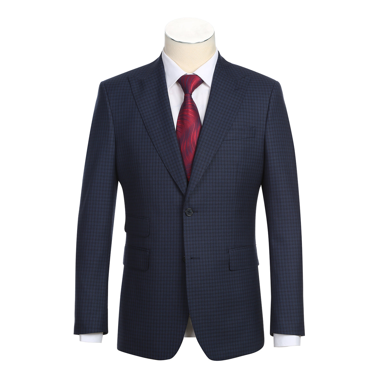 The ENGLISH LAUNDRY Wool Suit EL92-51-410 by English Laundry is a navy blue checkered slim fit jacket, shown over a white dress shirt with a red patterned tie on a headless mannequin.