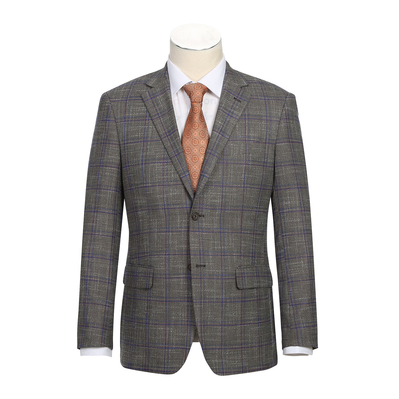 The Renoir Alessandro Vitello Slim Fit Sport Coat 294-29, a gray plaid jacket with purple stripes and a notch lapel, is stylishly displayed on a mannequin with a white dress shirt and orange patterned tie.