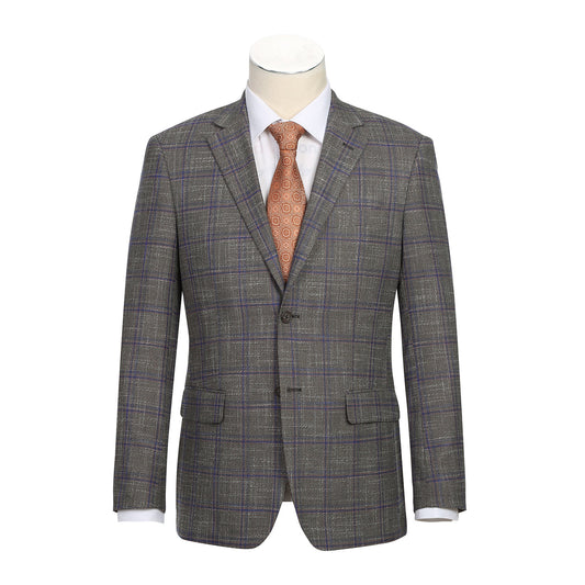The Renoir Alessandro Vitello Slim Fit Sport Coat 294-29, a gray plaid jacket with purple stripes and a notch lapel, is stylishly displayed on a mannequin with a white dress shirt and orange patterned tie.