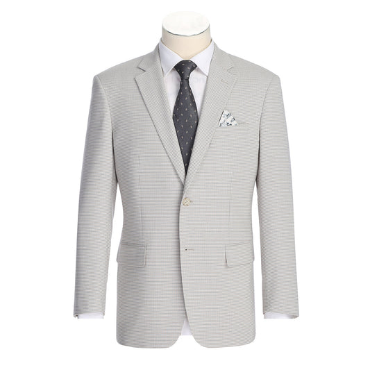 The Alessandro Vitello by Renoir Classic Fit Bib Light Beige Blazer 294-66 is displayed with a white dress shirt, dark patterned tie, and pocket square. This Renoir blazer features a notch lapel, two-button closure, and classic fit style.