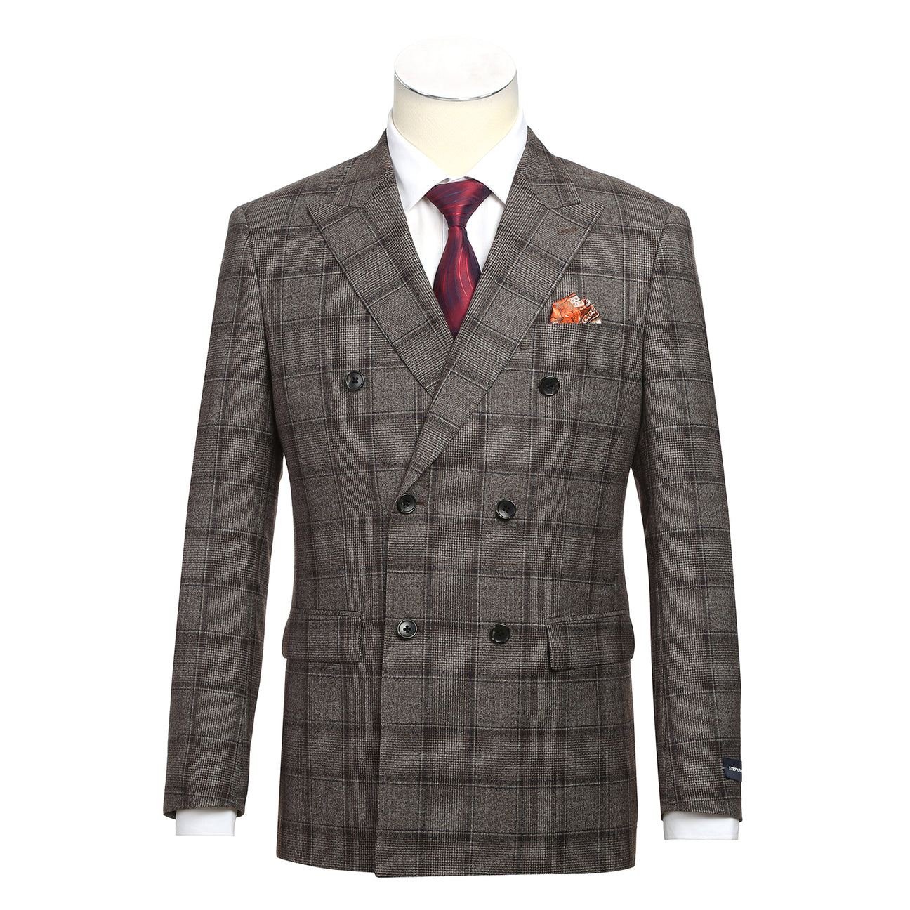The Alessandro Vitello by Renoir New Slim Fit Wool Brown Suit 565-7 from Renoir is displayed on a mannequin, paired with a white shirt, red striped tie, and an orange pocket square.