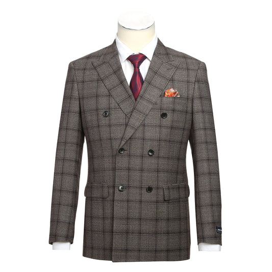 The Alessandro Vitello by Renoir New Slim Fit Wool Brown Suit 565-7 from Renoir is displayed on a mannequin, paired with a white shirt, red striped tie, and an orange pocket square.