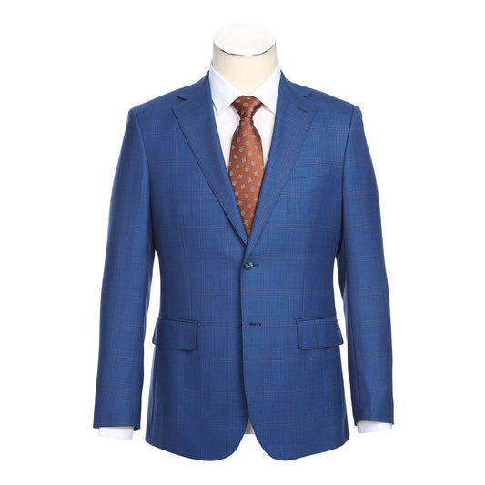 The ENGLISH LAUNDRY Wool Suit EL92-58-410 by English Laundry is a blue checkered slim fit jacket with notch lapels, shown on a mannequin with a white dress shirt and brown patterned tie.