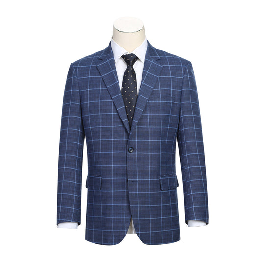 The Alessandro Vitello by Renoir Classic Fit Blazer Blue 294-22 pairs elegantly with a white shirt and a black polka dot tie, displayed on a mannequin.