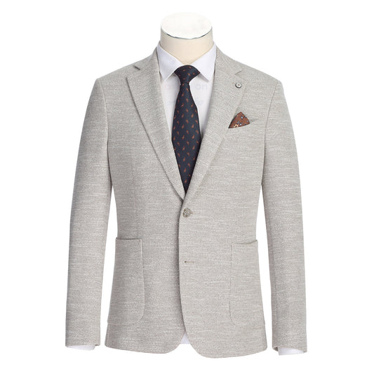 The Pellagio Camel Men's Slim Fit Riserva Jacket PS26-10 features textured fabric, notch lapels, two buttons, front pockets, and comes with a brown pocket square, shown over a white shirt and patterned dark tie on a mannequin.