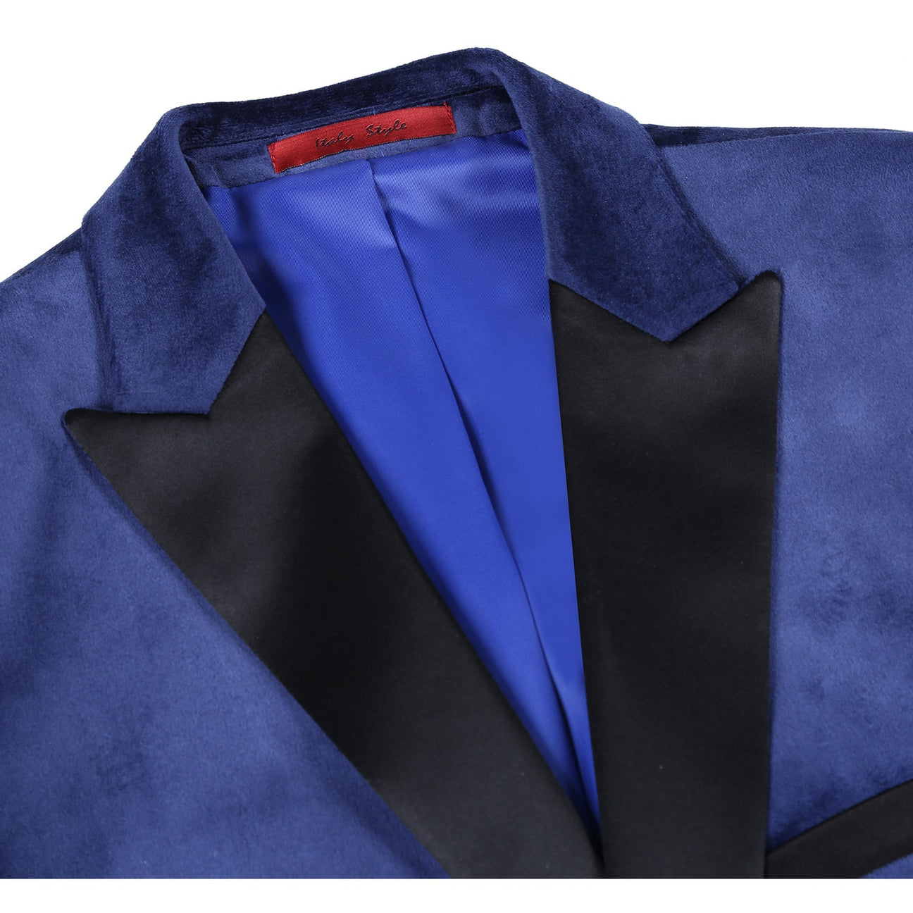 Close-up of the Alessandro Vitello by Renoir Slim Fit Stretch Blue Tuxedo Blazer 290-7, featuring blue velvet, a black satin lapel, blue satin lining, and red label—ideal as an elegant dinner jacket or for formal occasions.