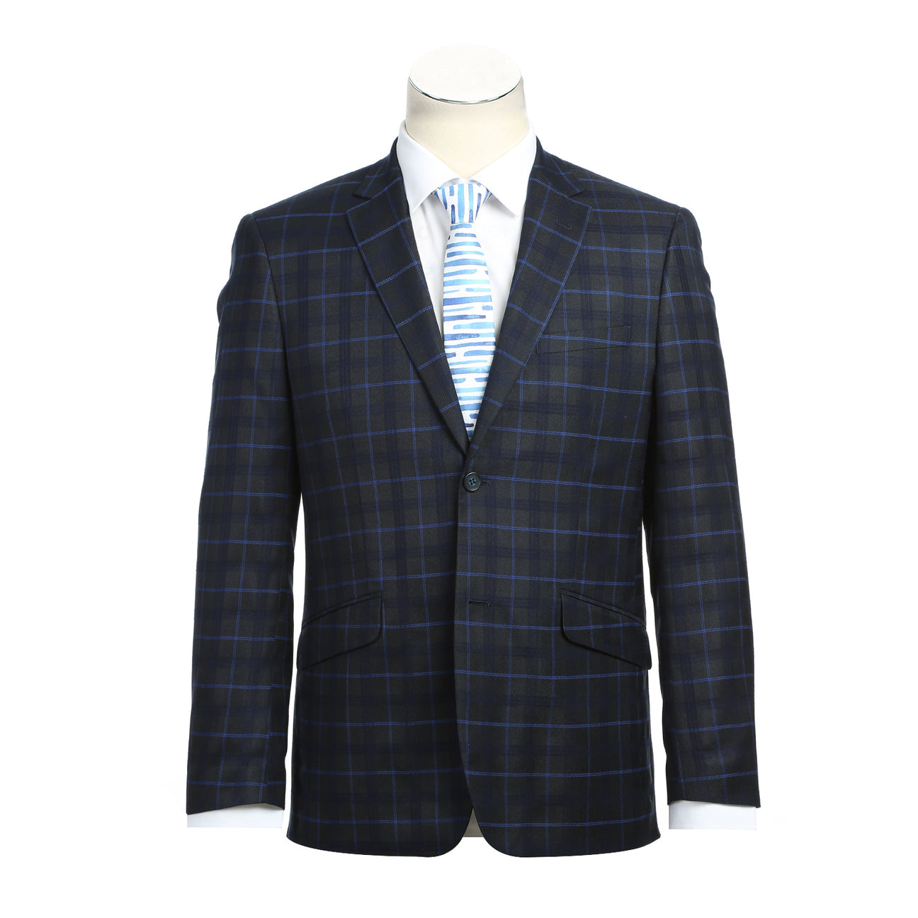 The Renoir Alessandro Vitello Blue Slim Fit Checked Suit (Blue 293-27) is displayed on a headless mannequin, paired with a white dress shirt and blue-striped tie.