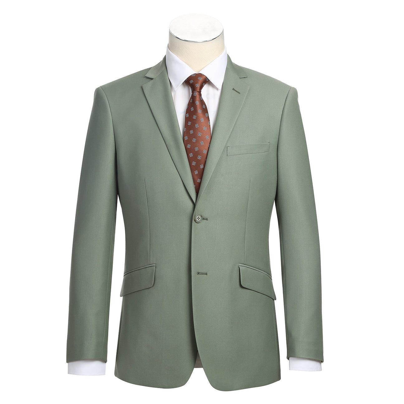 The Alessandro Vitello by Renoir 2-piece sage suit (201-12) is displayed on a mannequin with a white dress shirt, brown patterned tie, and matching pants.