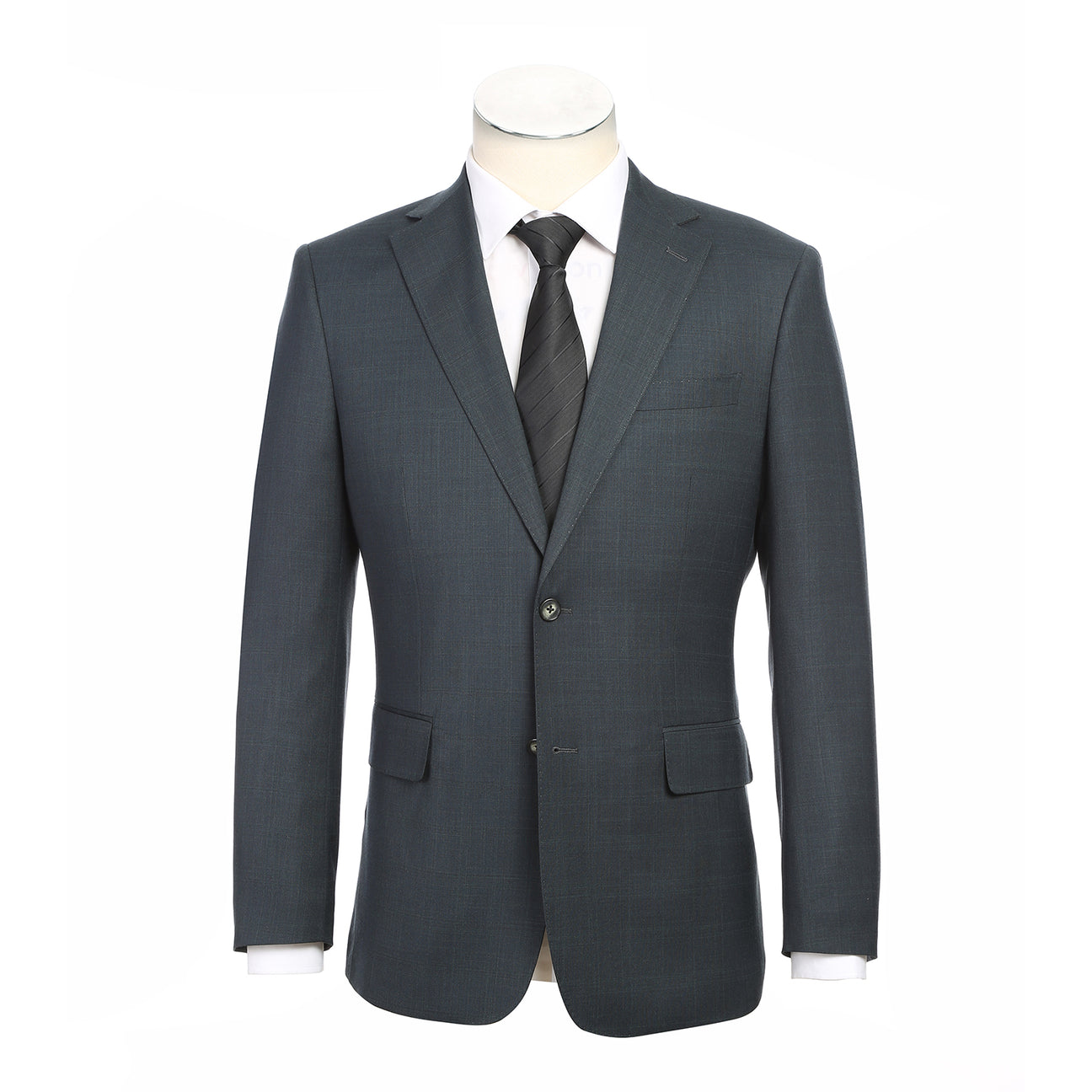 The English Laundry ENGLISH LAUNDRY Dark Green Check Suit 22-52-341EL features a men's suit jacket in dark green check with notch lapels and a two-button closure, styled over a white dress shirt and black striped tie on a mannequin.