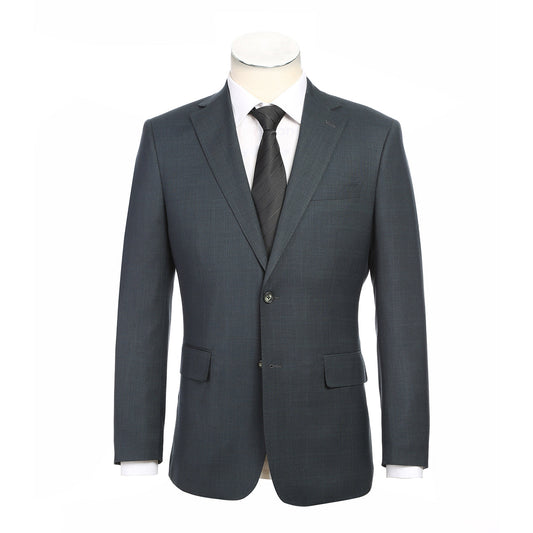 The English Laundry ENGLISH LAUNDRY Dark Green Check Suit 22-52-341EL features a men's suit jacket in dark green check with notch lapels and a two-button closure, styled over a white dress shirt and black striped tie on a mannequin.