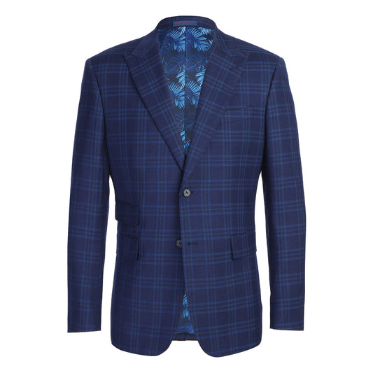 A man models the ENGLISH LAUNDRY 2pc Suit by English Laundry; close-ups reveal its tropical lining, logo patch, and collar embroidery. Text highlights the polyester-rayon blend and details the stylish composition.