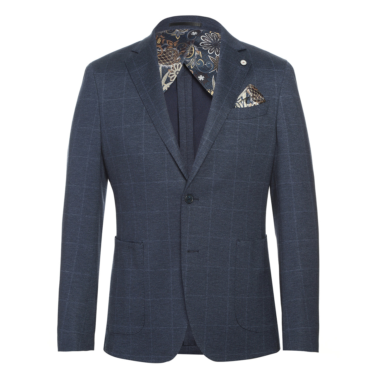 The Pellagio Riserva JKT Blazer PF24-6 by Pellagio is a dark blue plaid blazer with spandex for stretch, featuring floral inner lining and a matching pocket square.