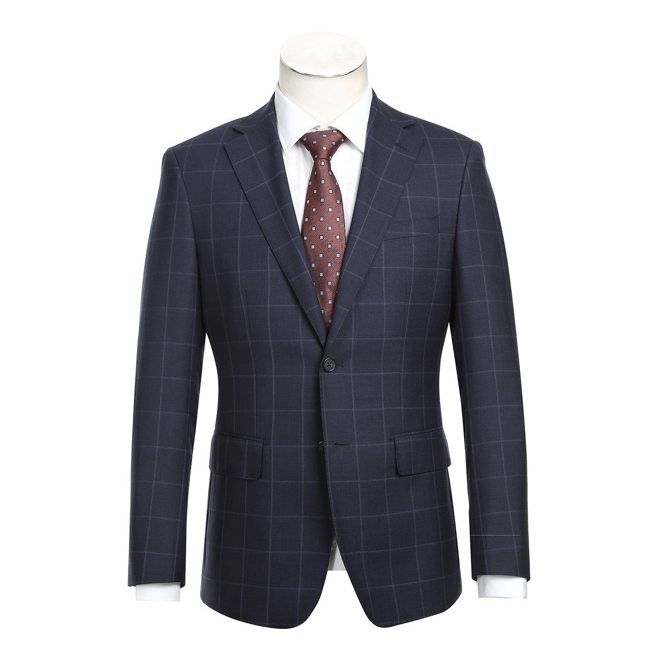 The ENGLISH LAUNDRY Blue Wool Suit EL92-52-410 by English Laundry, featuring notch lapels and a sharp slim fit, is styled on a mannequin with a white shirt and burgundy dotted tie.