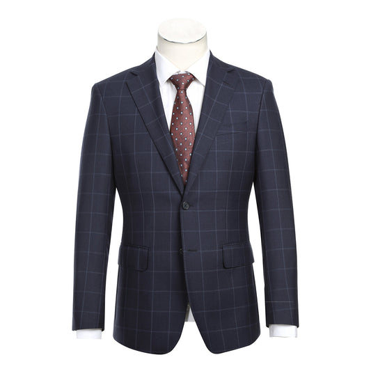 The ENGLISH LAUNDRY Blue Wool Suit EL92-52-410 by English Laundry, featuring notch lapels and a sharp slim fit, is styled on a mannequin with a white shirt and burgundy dotted tie.