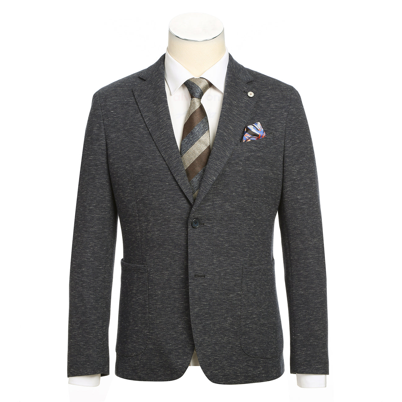 The Pellagio Men's Half Canvas Blazer Gray Blue PF24-1, a slim fit with notched lapel, is showcased on a mannequin with a white shirt, striped tie, and colorful pocket square.