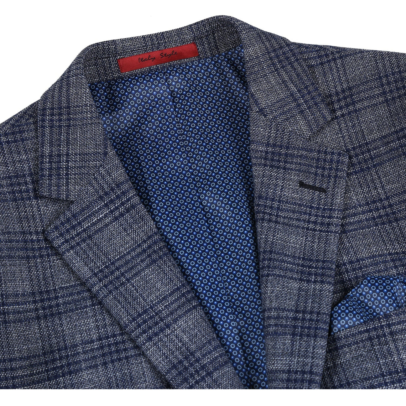 The Alessandro Vitello by Renoir Slim Fit Stretch Checked Blazer Gray 294-13, a single-breasted gray plaid blazer with notch lapels and two buttons, is elegantly styled on a mannequin with a white dress shirt, blue striped tie, and matching pocket square.