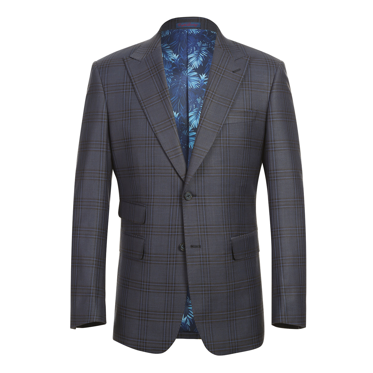 The ENGLISH LAUNDRY Grey Check Suit 12-53-093EL by English Laundry is a men's slim fit grey plaid blazer with two buttons, notched lapels, flap pockets, and a blue tropical-patterned inner lining.