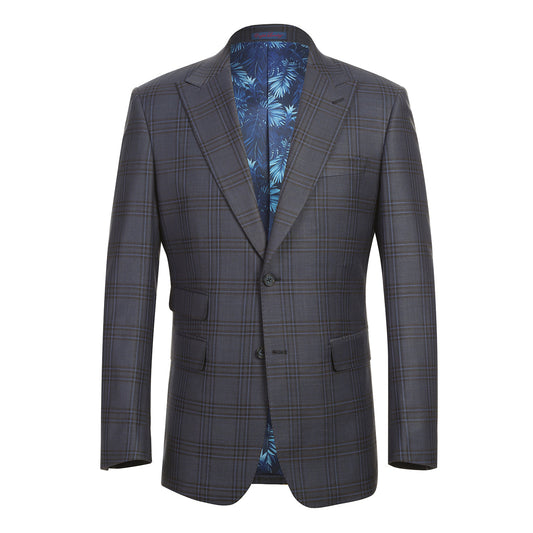 The ENGLISH LAUNDRY Grey Check Suit 12-53-093EL by English Laundry is a men's slim fit grey plaid blazer with two buttons, notched lapels, flap pockets, and a blue tropical-patterned inner lining.