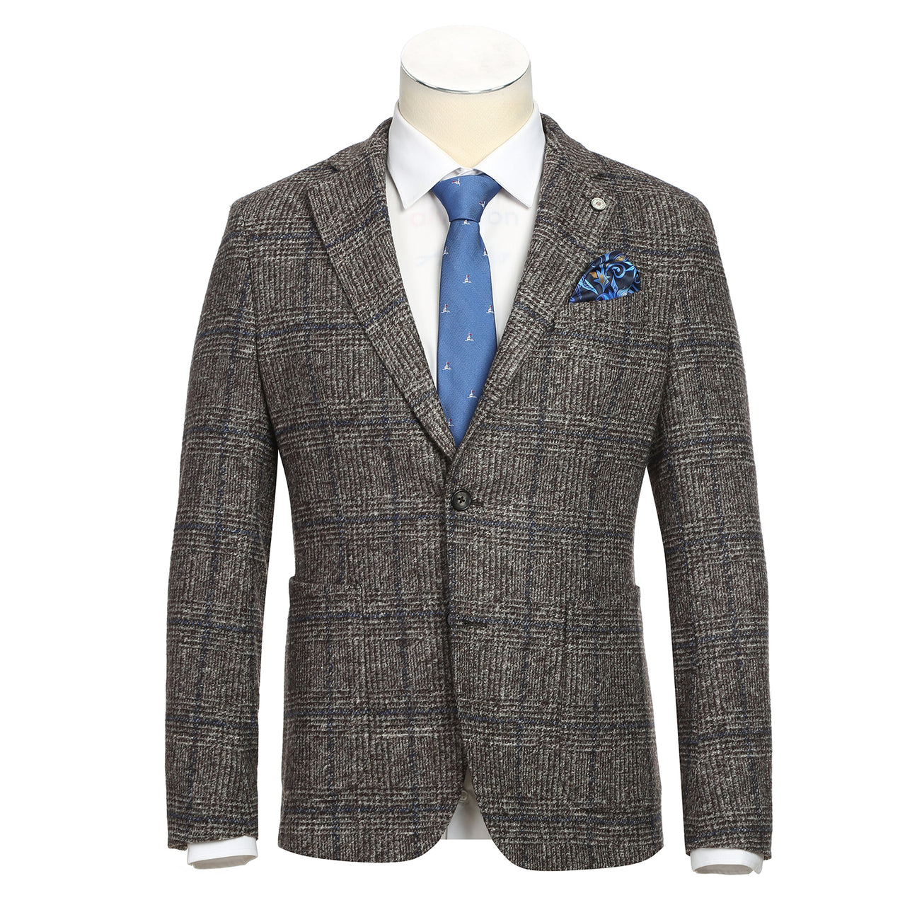 A mannequin showcases a Pellagio Beige Men's Half Canvas Blazer PF24-14, paired with a crisp white shirt and blue tie. A matching blue pocket square is elegantly tucked into the chest pocket for added sophistication.