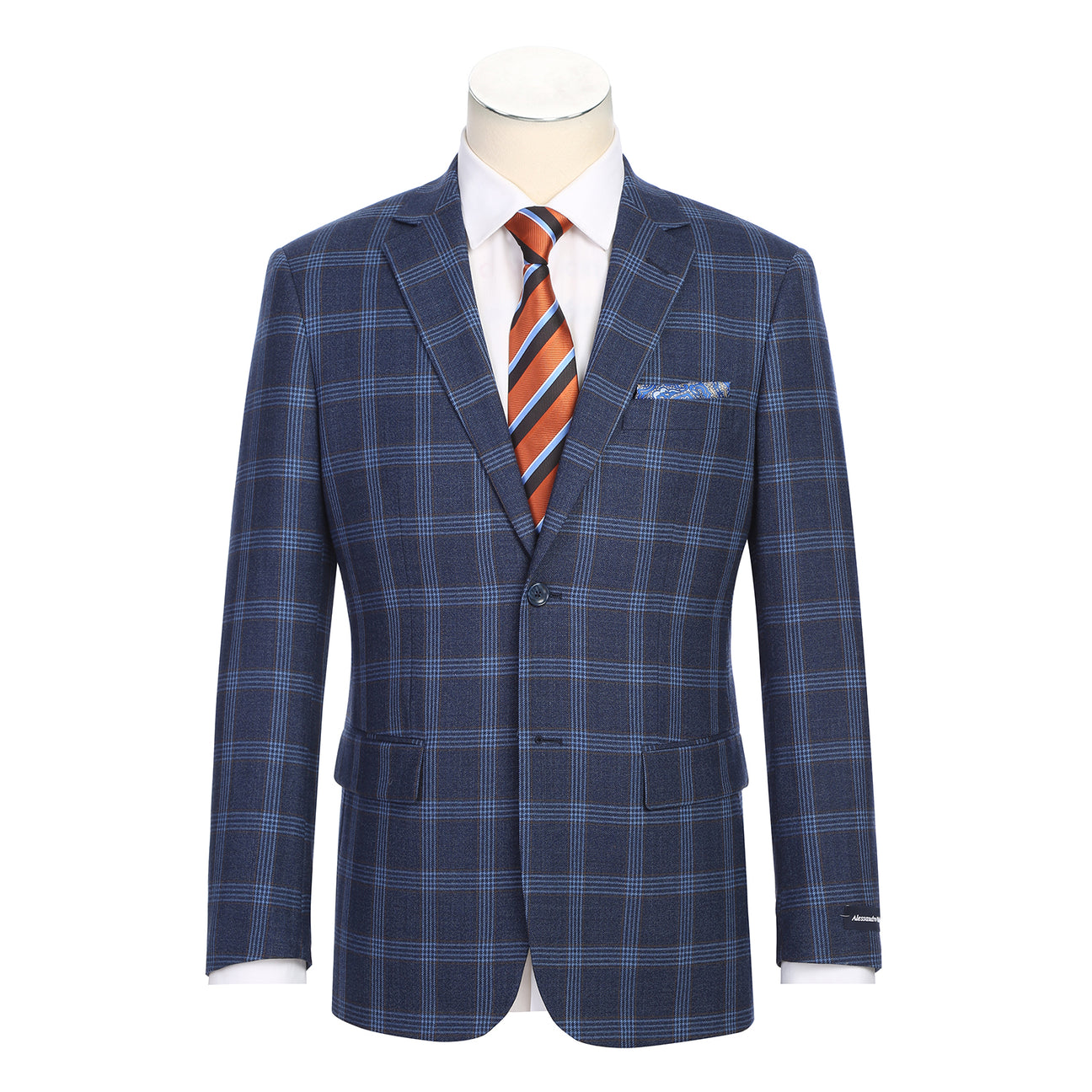 Renoir Alessandro Vitello New Slim Fit Wool Blue Blazer 567-5 features notch lapels, single-breasted style, and 100% wool. Shown with white shirt and striped tie; detail images highlight collar and inside label reading "Renoir.
