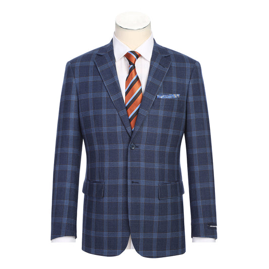 Renoir Alessandro Vitello New Slim Fit Wool Blue Blazer 567-5 features notch lapels, single-breasted style, and 100% wool. Shown with white shirt and striped tie; detail images highlight collar and inside label reading "Renoir.