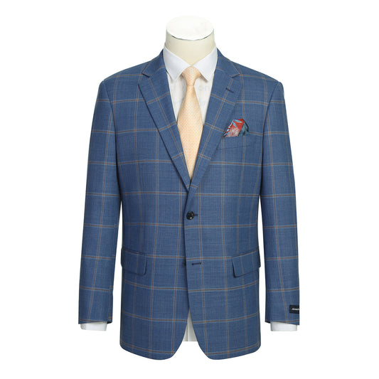 The Alessandro Vitello by Renoir Classic Fit Wool Blue Blazer 565-15 is styled on a mannequin with notch lapels, a white dress shirt, beige tie, and red patterned pocket square.