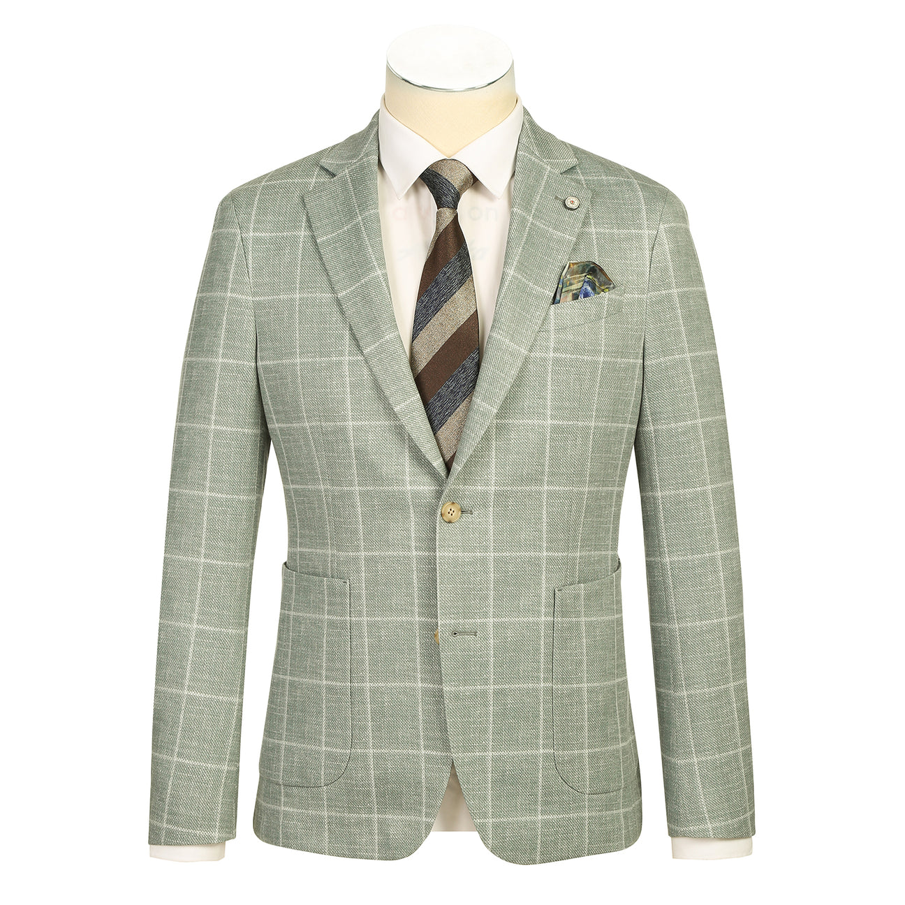 The Pellagio Men's Half Canvas Blazer Green PS25-5, by Pellagio, is shown on a mannequin with a notched lapel, white shirt, striped brown tie, and patterned pocket square.