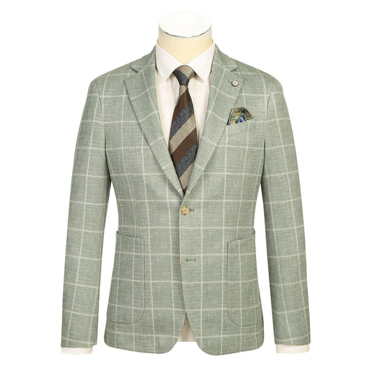 The Pellagio Men's Half Canvas Blazer Green PS25-5, by Pellagio, is shown on a mannequin with a notched lapel, white shirt, striped brown tie, and patterned pocket square.