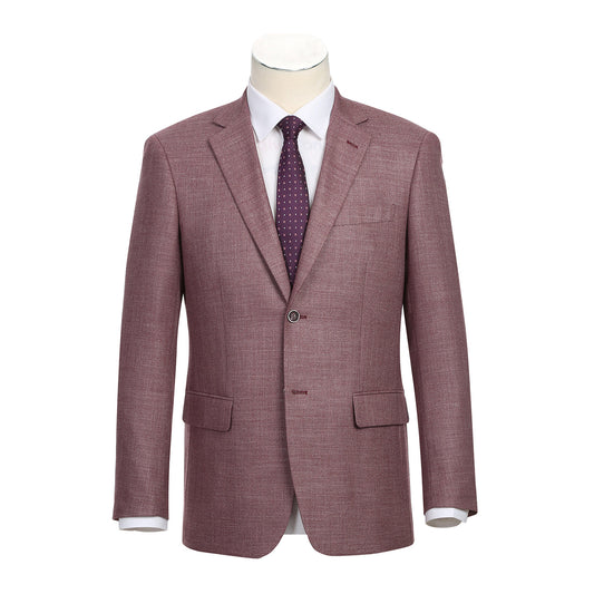 The Alessandro Vitello by Renoir Slim Fit Blazer in wine, featuring a notch lapel, is elegantly paired with a white dress shirt and dark polka dot tie on a mannequin.