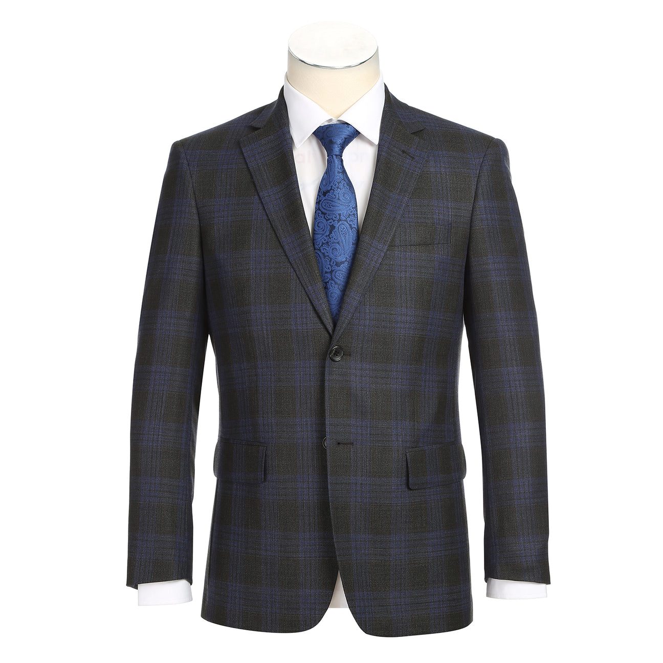 A mannequin displays the ALESSANDRO VITELLO New Slim Fit Wool Gray Blue Blazer 565-12 by Alessandro Vitello, styled over a white dress shirt and a blue patterned tie.