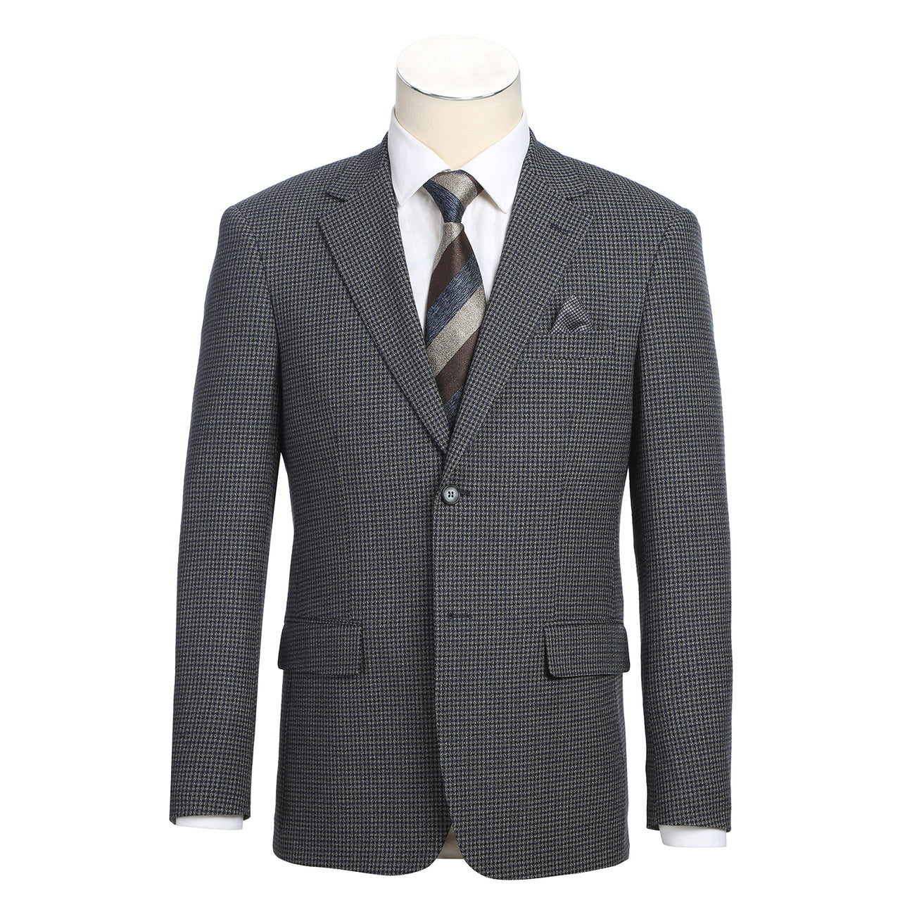 The Alessandro Vitello by Renoir New Slim Fit Brown Blue Blazer 294-38, featuring a modern design, is displayed on a mannequin over a white dress shirt and striped tie.
