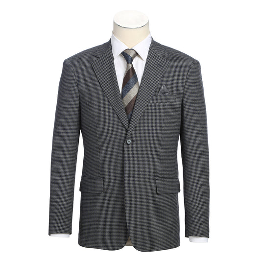 The Alessandro Vitello by Renoir New Slim Fit Brown Blue Blazer 294-38, featuring a modern design, is displayed on a mannequin over a white dress shirt and striped tie.
